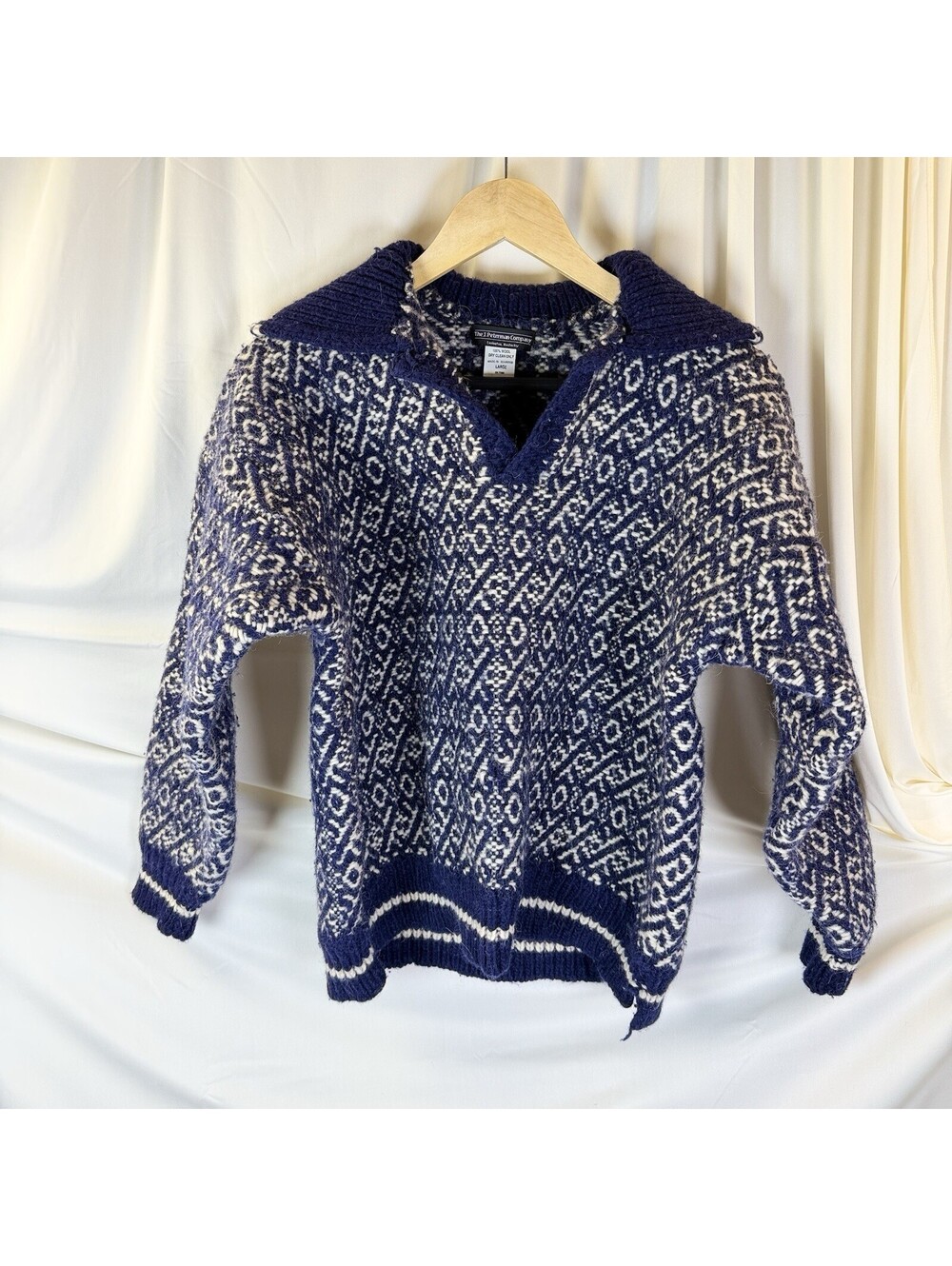J Peterman Sweater Mens L Blue White 100% Wool Knit Fisherman Chunky Heavy